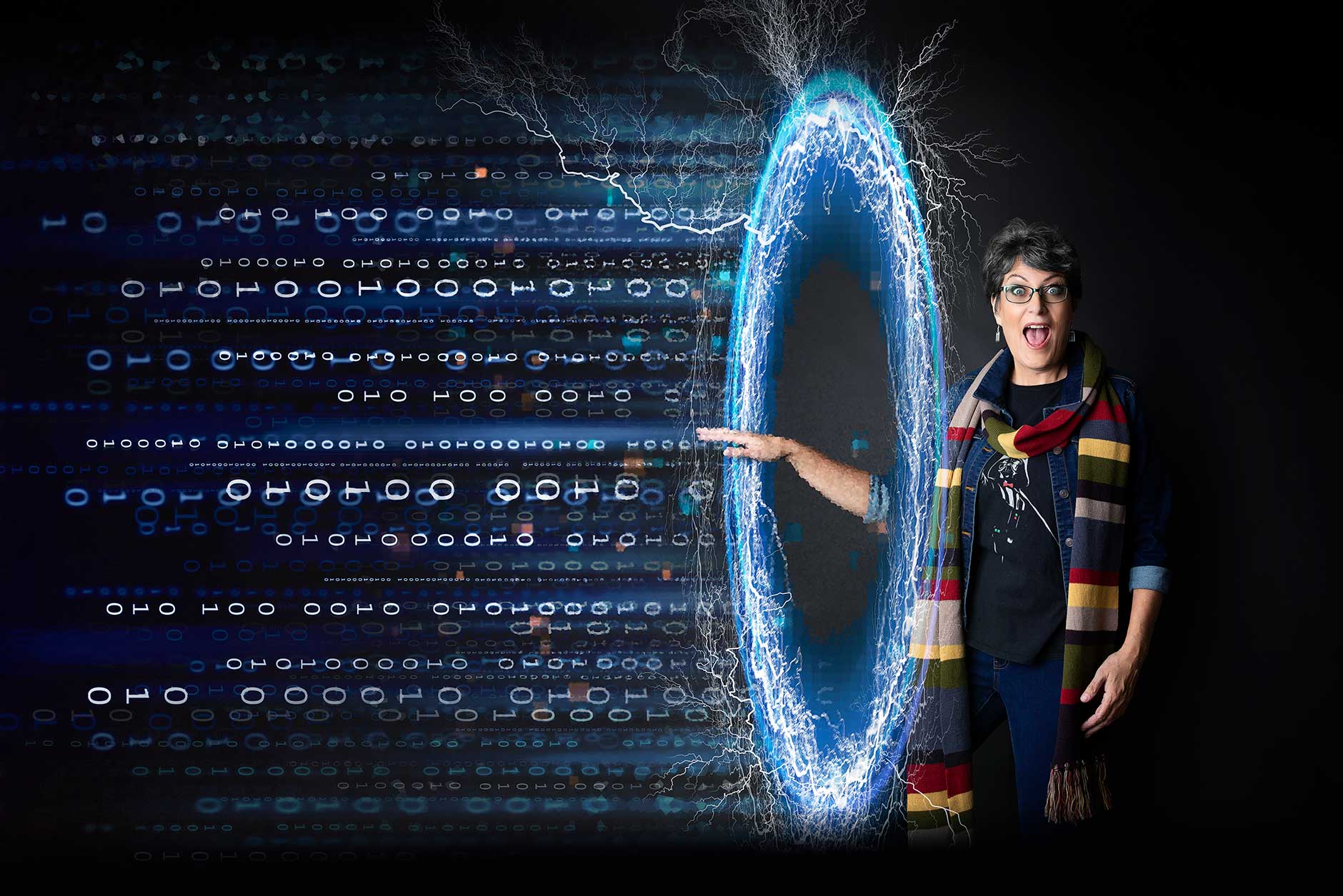 Ingrid Moyle wearing a Dr Who scarf about to step into a portal